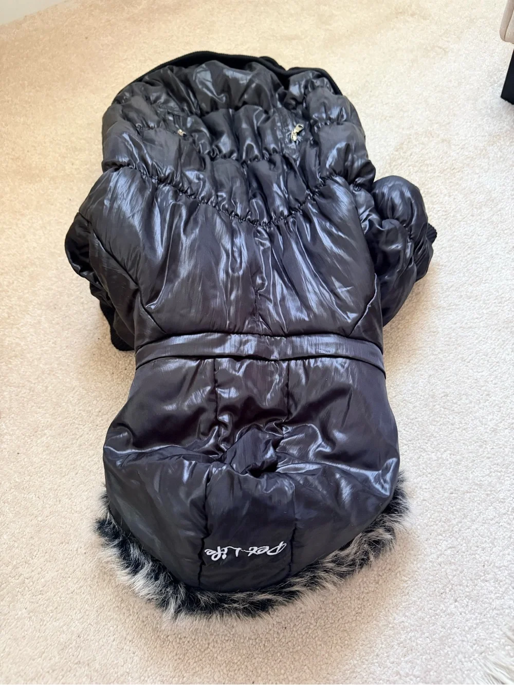 Pet Life Black Puffer Dog Coat with Faux Fur Trim
